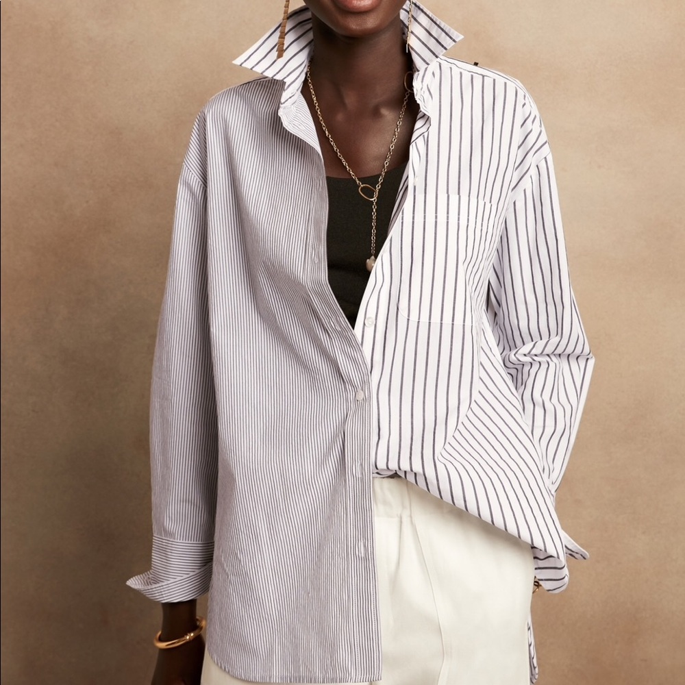 Banana Republic Oversized Poplin Shirt Grey Stripe
